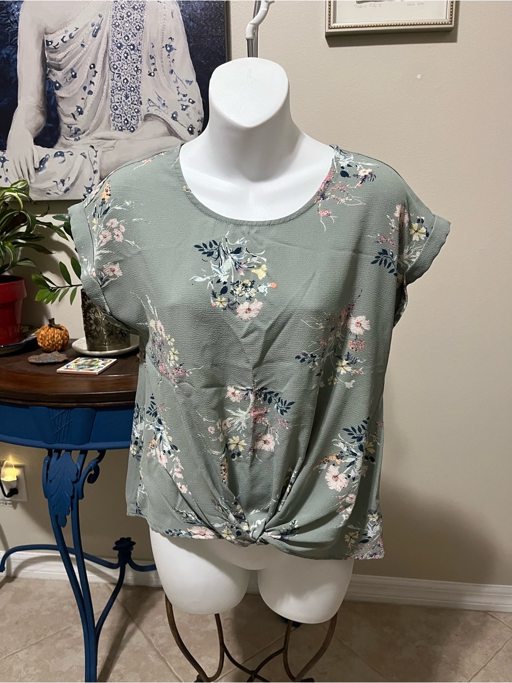 Pink Rose Floral Twist Front Top - S